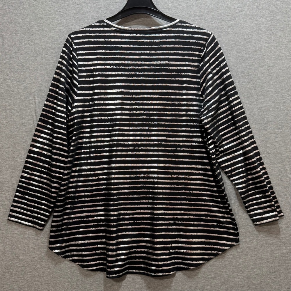 Soft Surroundings Striped Top Womens 1X Black Silver Metallic V-Neck Party Goth - Picture 2 of 9